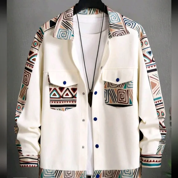 Men's Geometric Print Jacket With Flap Pockets - Picture 5 of 6